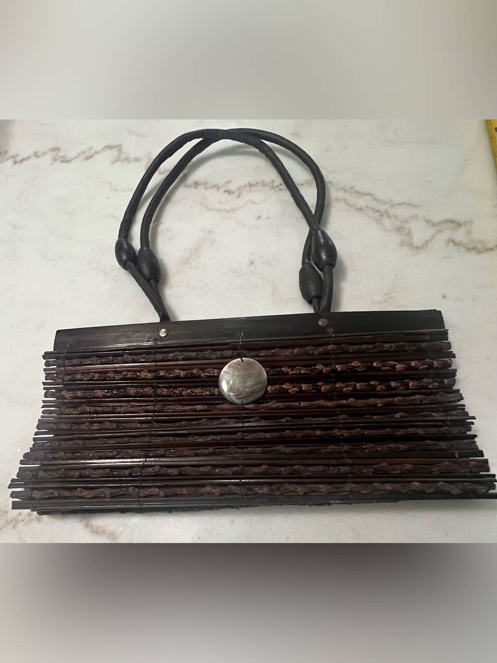 Vintage Dark Brown  Wooden Sticks Twigs Beaded Handle Folk Art Purse Bag